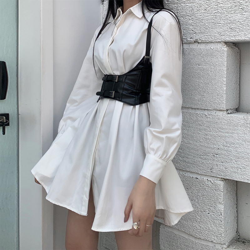 Waist-Cinching White Shirt Dress for Women, Mid-Length, with a Waist-Cinching Design, Cool and Salty Style, Girly Outfit Set Waist-Cinching White Shirt Dress for Women, Mid-Length, with a Waist-Cinching Design, Cool and Salty Style, Girly Outfit Set
