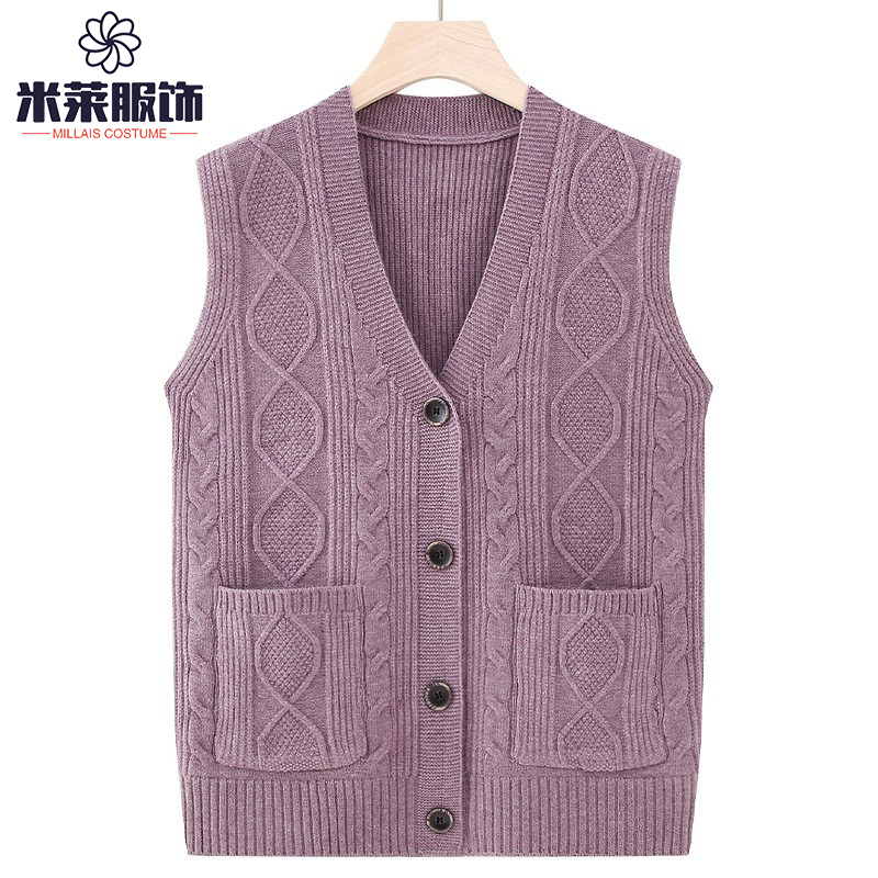 Grandma's New Autumn Knit Warm Outerwear Vest, Mother's Top, Thin Cardigan, Elderly Woolen Jacket