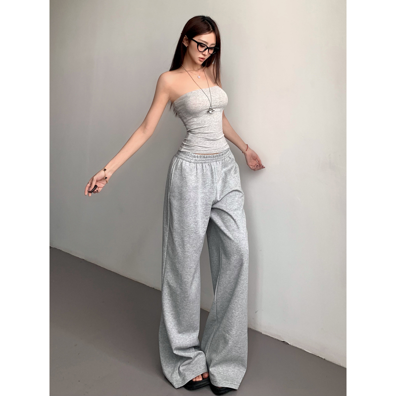 American Style Spicy Girl Skims Wide-Leg Pants for Women, Spring and Autumn Elastic High-Waisted Sweatpants, Drapey Loose Casual Gray Sweatpants