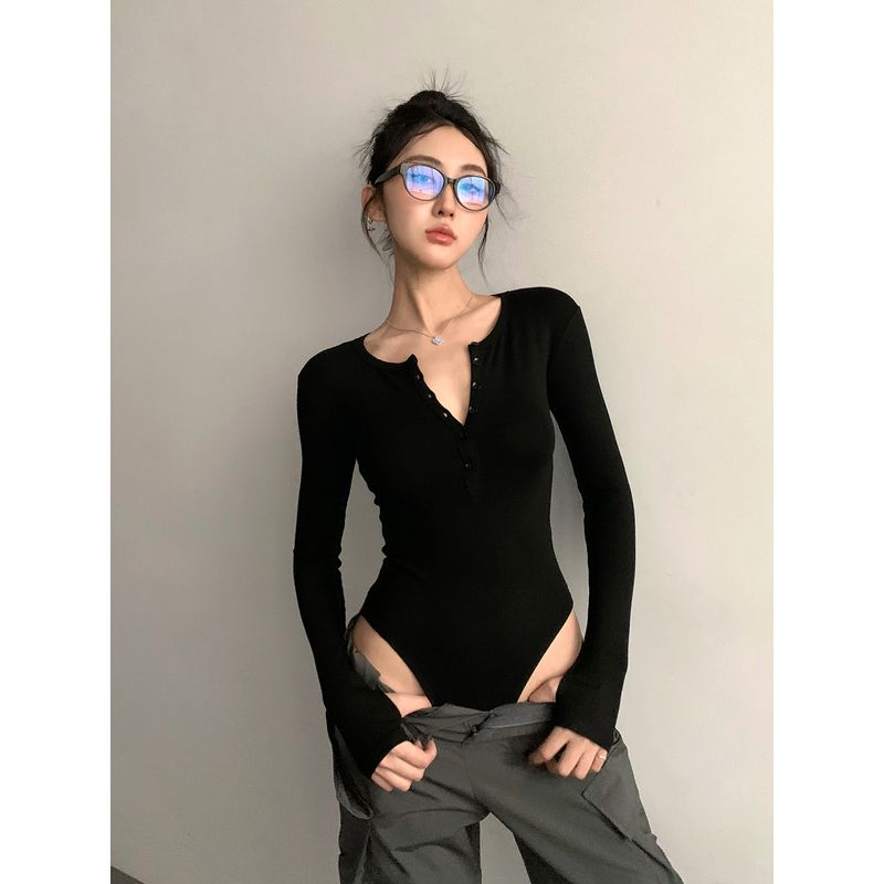 Spring and Autumn Sexy Round Neck Single-Breasted Bodysuit Slim-Fit Long-Sleeve T-Shirt Sweet and Spicy Base Shirt Trendy Top Spring and Autumn Sexy Round Neck Single-Breasted Bodysuit Slim-Fit Long-Sleeve T-Shirt Sweet and Spicy Base Shirt Trendy Top