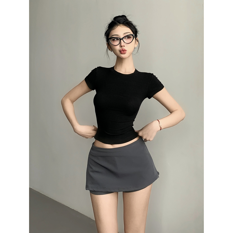 Korean Comic Style, Pure and Desirable, Solid Color, Small Round Neck, Elastic Short-Sleeve T-Shirt for Women, Spring and Summer, Short, Slim-Fit, Base Layer Top