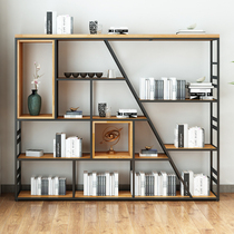 Wrought iron solid wood bookshelf floor-to-ceiling partition shelf living room light luxury simple modern storage display cabinet Nordic bookcase