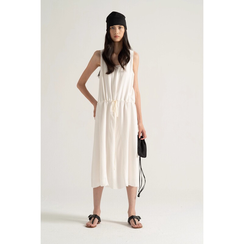 Kew Kee Edition 14 Japanese Imported Acetate Fabric Beige Drawstring Sleeveless Dress