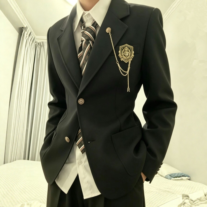 Dk Style Academy Style Black Suit Men's Uniform Badge Chain Student Class Uniform Performance Outfit Jk Casual Suit Set Dk Style Academy Style Black Suit Men's Uniform Badge Chain Student Class Uniform Performance Outfit Jk Casual Suit Set