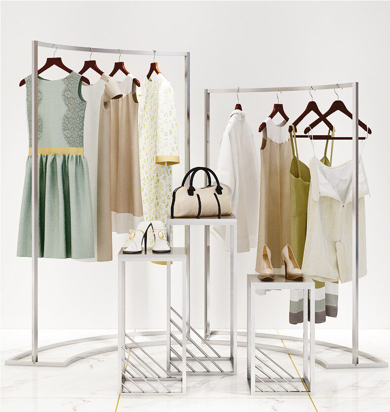 Men's and women's clothing store Nakajima rack semicircular curved hanger High and low water table combination window Shoe bag table Silver