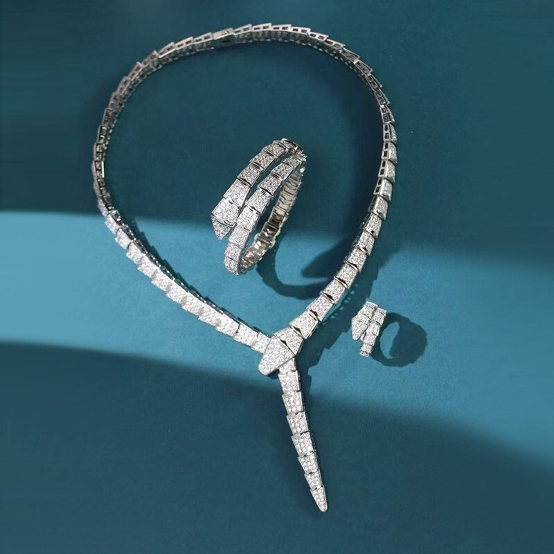 S925 Silver Plated with 18K White Gold Snake Necklace, Full Diamond Wide Version, Snake Head Design, High-End Clavicle Chain, Elegant and Luxurious