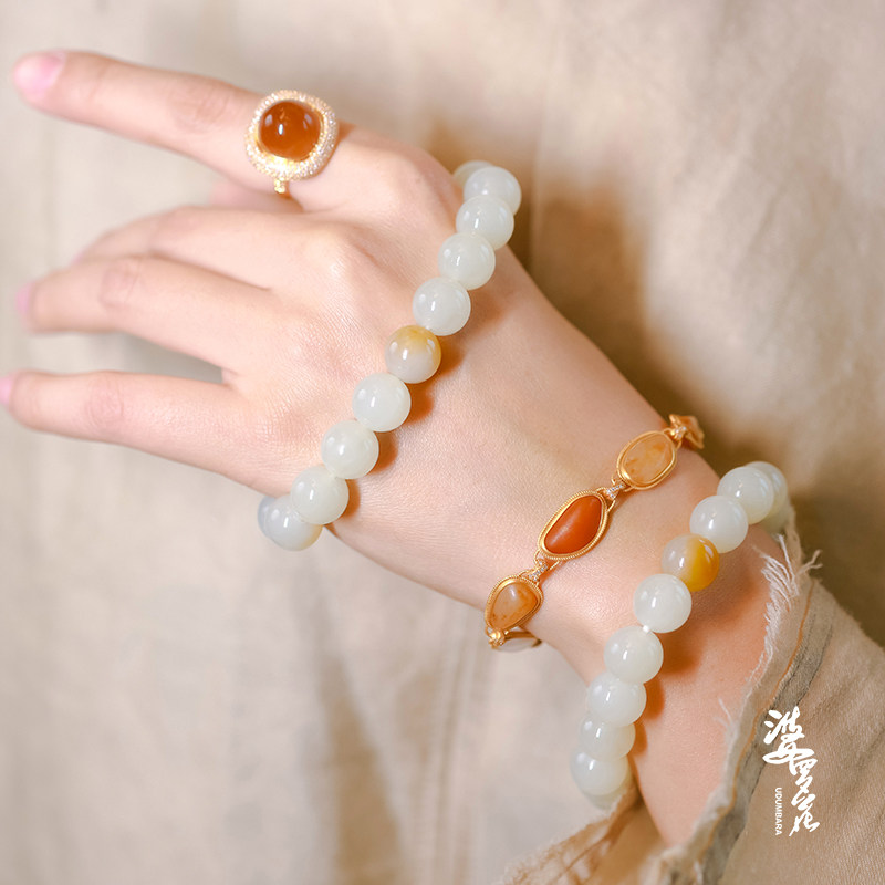 Boro Flower Xinjiang and the end near mine stock and field jade sugar white round pearl single ring hand string oily near seed material big card white jade-Taobao