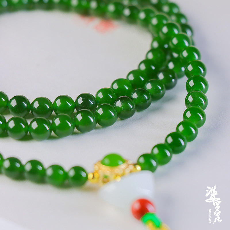 (Borneo flower) Obi lao pit high-end Hetian Yuyang green 108 round beads multi-circle bracelet card 6 jasper necklace