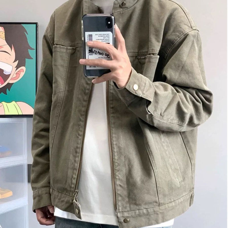 American Retro Washed Canvas Pure Cotton Work Jacket for Men, Loose Casual Trendy Versatile Stand Collar Zipper Jacket American Retro Washed Canvas Pure Cotton Work Jacket for Men, Loose Casual Trendy Versatile Stand Collar Zipper Jacket