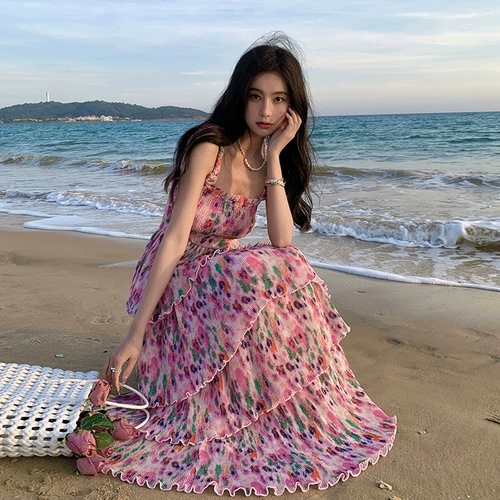 Юбка, летнее пляжное платье, французский стиль, в цветочек, эффект подтяжки