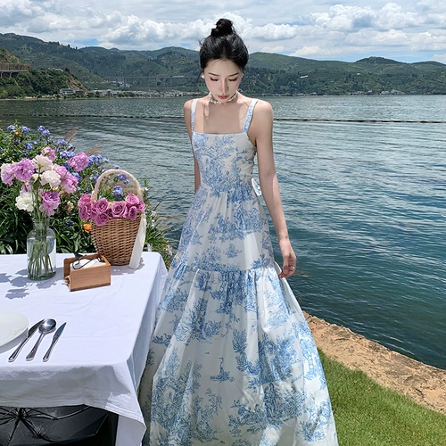 Синий атмосферный ремень, пляжное платье, юбка, французский стиль, цветочный принт, в цветочек, с открытой спиной