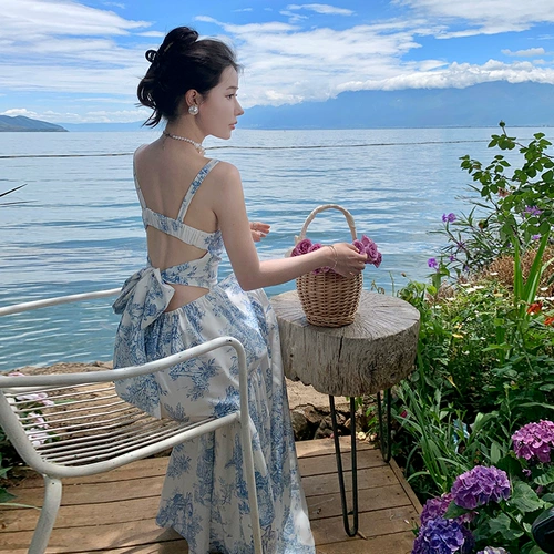 Синий атмосферный ремень, пляжное платье, юбка, французский стиль, цветочный принт, в цветочек, с открытой спиной