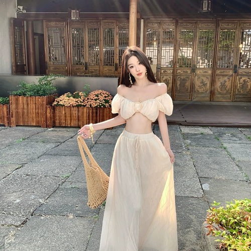 Короткий комплект, юбка, открытые плечи, рукава фонарики