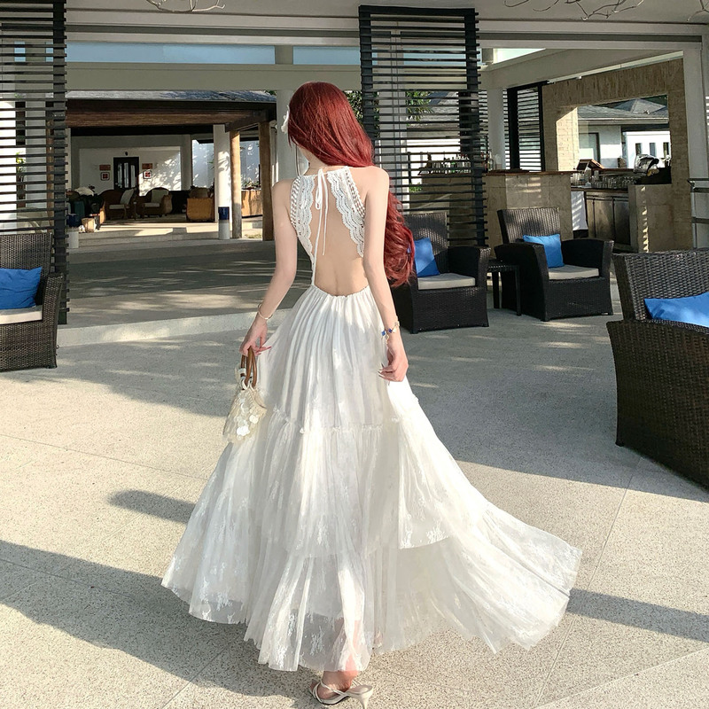 White Fairy Dress with Lace Splicing and Backless Design, Suitable for Beach Photoshoots, Creating a Dreamy Island Vacation Vibe
