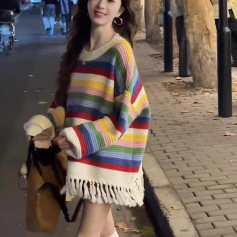 Tassel Rainbow Striped High-End Design Dopamine Style Knit Sweater for Women, Autumn and Winter Korean Style Lazy Top