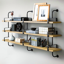 American wrought iron wall shelf Living room one-word partition Simple kitchen wall-mounted solid wood shelf Creative bookshelf