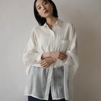 Ridangui brand spring 26 loose lapel splicing overlay see-through fine mesh fine-sleeved shirt 1.5w