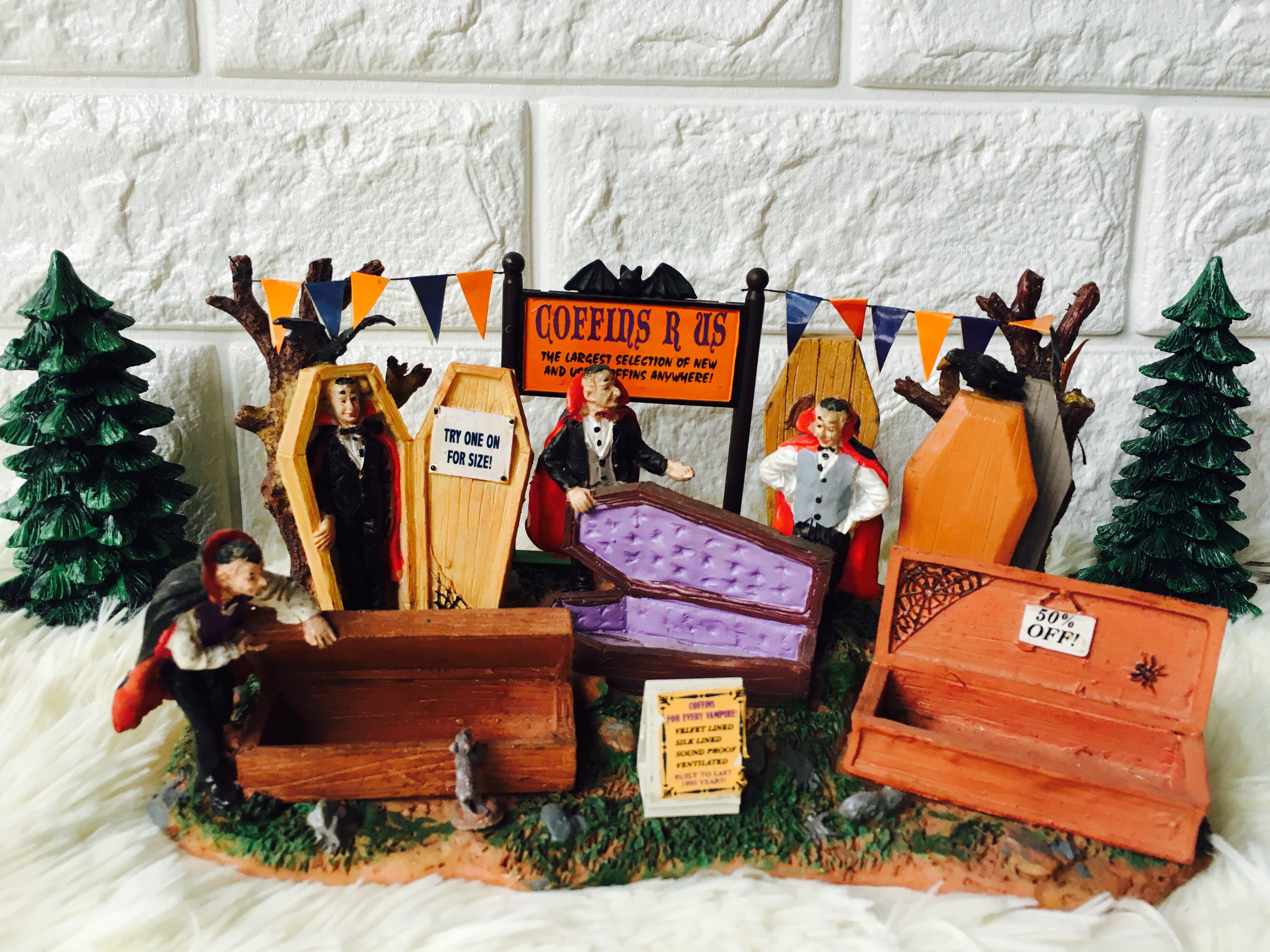 Foreign trade exports Halloween characters vampires open closed casket rats crow bat withered trees