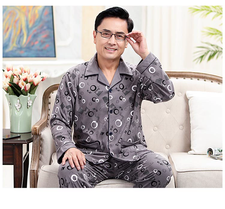 Người cha trung niên và người già bộ đồ ngủ pijama của người đàn ông mùa xuân và mùa thu bằng vải bông tinh khiết ông già cộng với người đàn ông trung niên béo cộng với kích thước - Pyjama