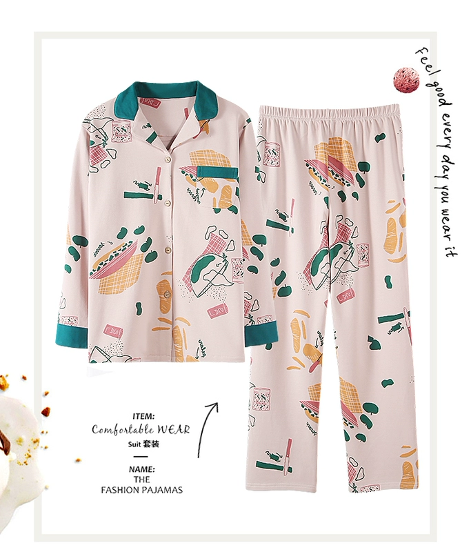 Đồ ngủ của phụ nữ mùa xuân và mùa thu cotton thuần khiết dài tay hai mảnh chì nữ phong cách Hàn Quốc dễ thương cotton phục vụ tại nhà mùa thu và mùa thu - Pyjama