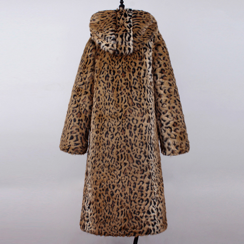 Light Luxury Leopard Print Fur Coat for Women, Winter Long Style with Hood, Thickened, Plus Size, Trendy Fur Coat, 2024 New Model