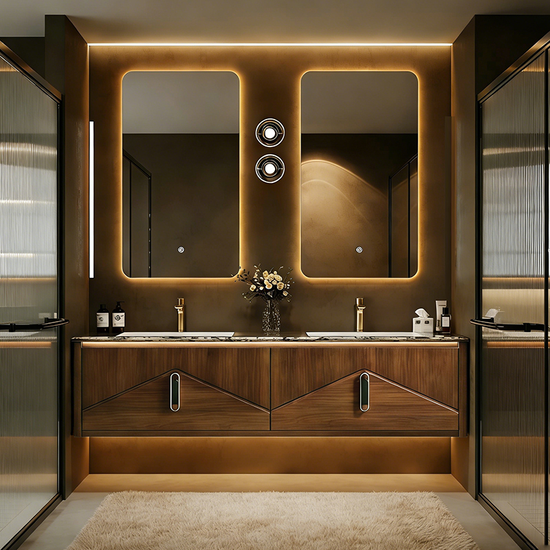Luxurious Natural Marble Bathroom Cabinet Set with Solid Oak Washbasin Cabinet, Vintage Style Natural Wood Double Basin Vanity