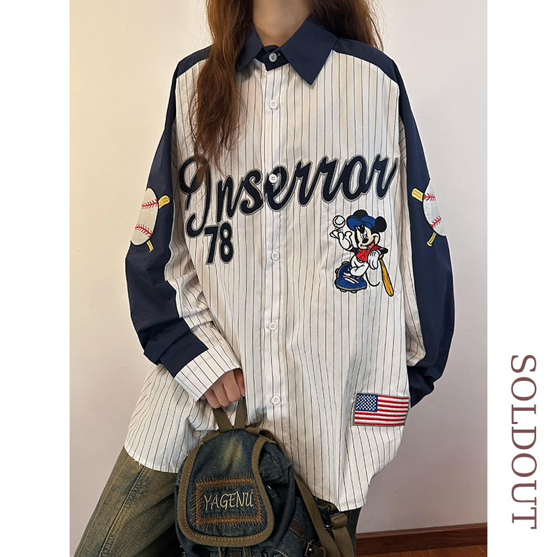 Soldout Original American Retro Patchwork Color-Block Long-Sleeve Shirt for Men and Women, Spring and Autumn Mickey Vintage Shirt