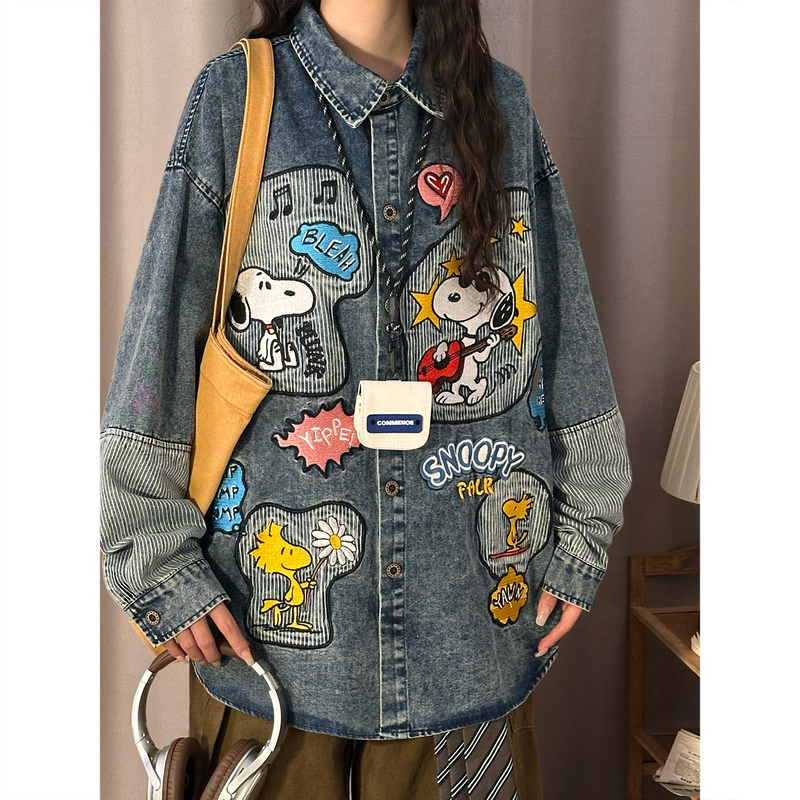 Soldout Original American Retro Fun Cartoon Distressed Long-Sleeve Denim Shirt for Women, Loose and Versatile Trendy Shirt