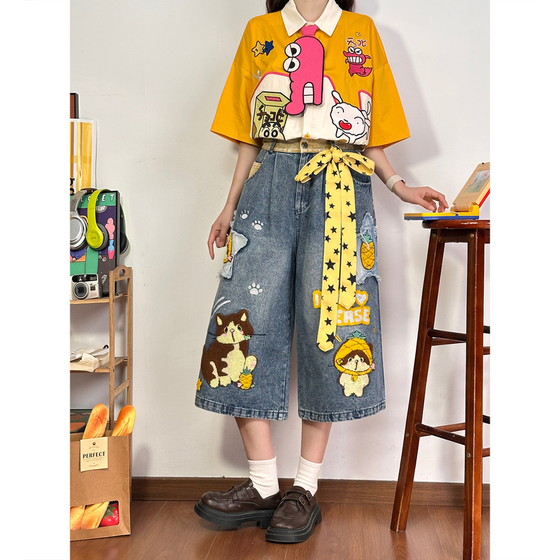 Soldout Original American Retro Cartoon Cat Embroidered Denim Capri Shorts for Women, Loose Wide-Leg Pants for Summer