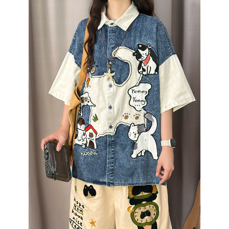 Soldout Original American Retro Cartoon Cat Embroider Patchwork Denim Short-Sleeved Shirt Women's Loose Top Summer