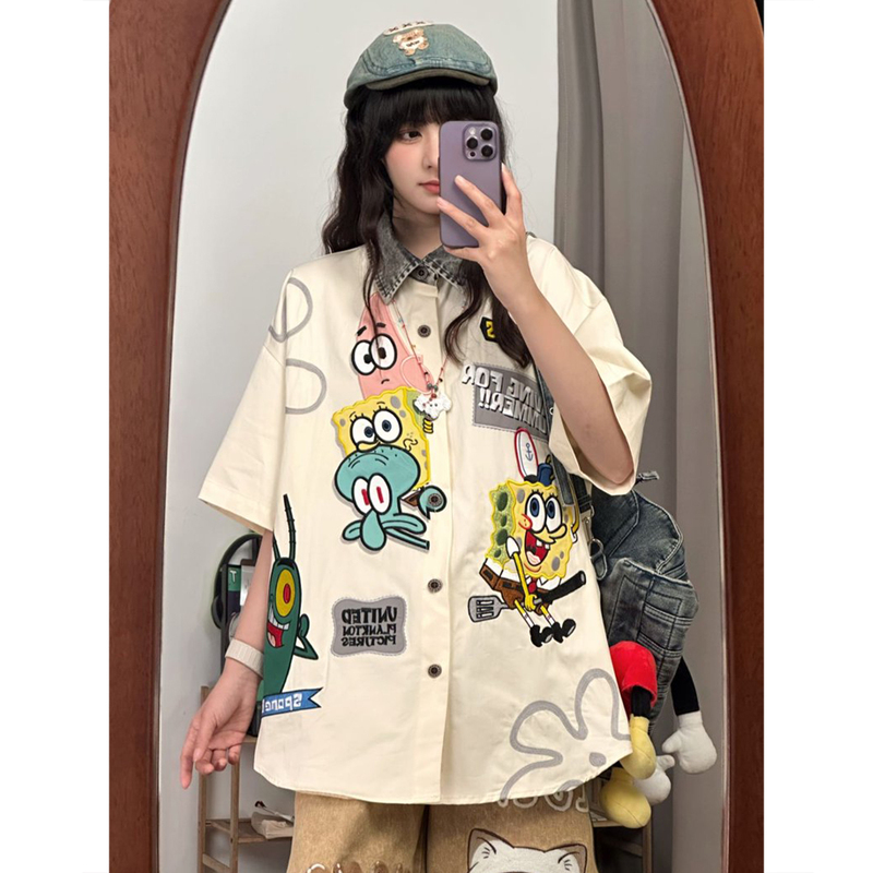 Soldout Original American Retro Spongebob Cartoon Embroidered Short-Sleeve Shirt for Women, Summer Loose Top, Trendy Soldout Original American Retro Spongebob Cartoon Embroidered Short-Sleeve Shirt for Women, Summer Loose Top, Trendy