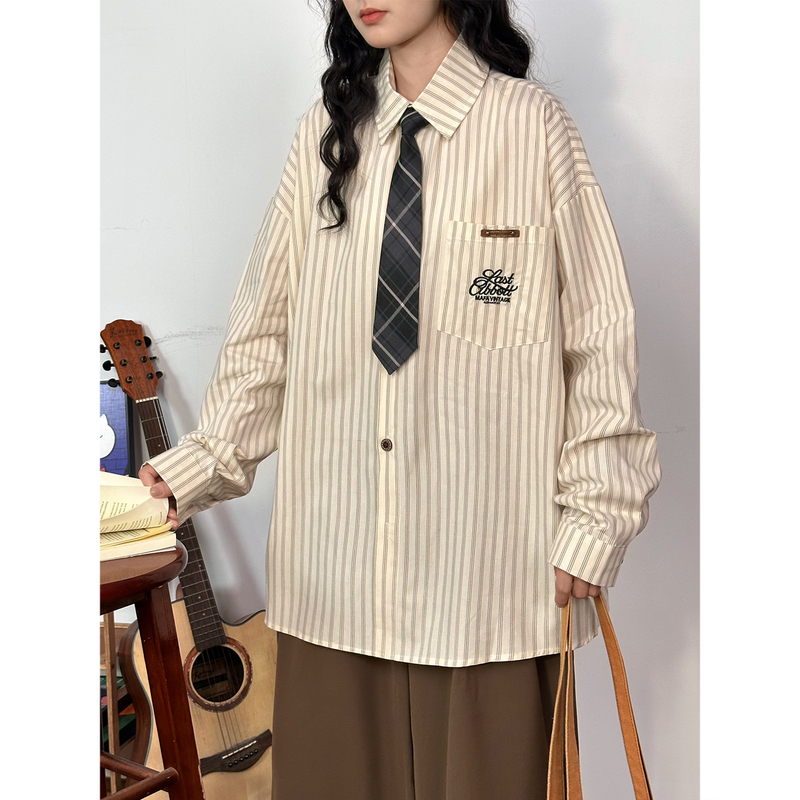 Soldout Original American Retro Striped Long-Sleeve Shirt for Women, Spring and Autumn Style, Versatile Loose-Fitting Base Shirt with Tie