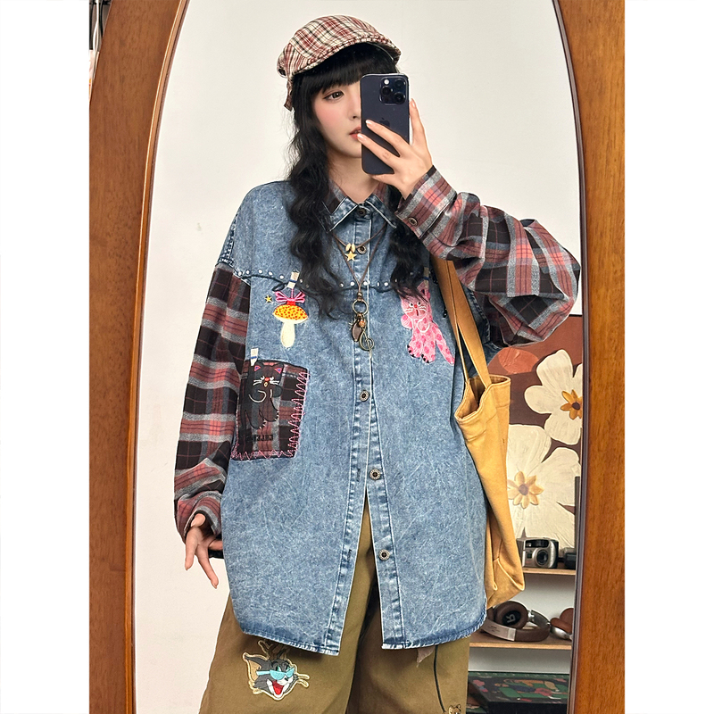 Soldout Original American Retro Cartoon Embroidered Patchwork Color-Block Denim Shirt for Women with a Unique Design and Loose Fit
