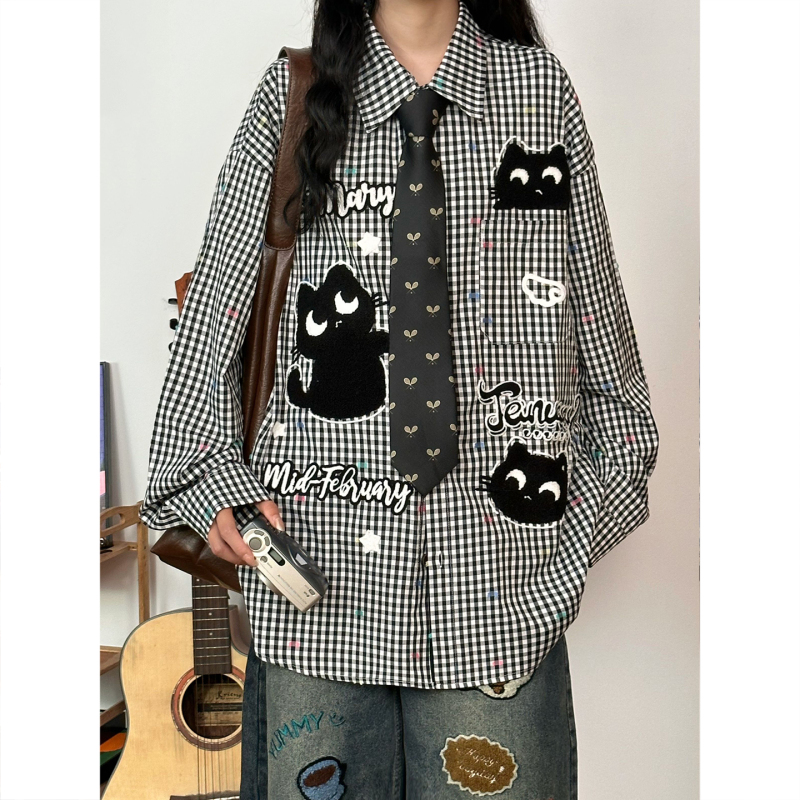 Soldout Original American Retro Cartoon Cat Embroidered Plaid Long Sleeve Shirt for Women, Spring and Autumn Loose Shirt Trend