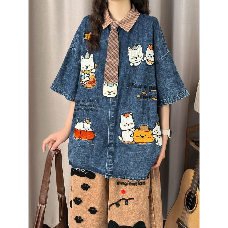 Soldout Original American Retro Playful Cute Puppy Embroidered Denim Short-Sleeve Shirt for Women, Loose Top for Summer Soldout Original American Retro Playful Cute Puppy Embroidered Denim Short-Sleeve Shirt for Women, Loose Top for Summer