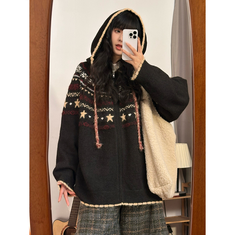 Soldout Original Retro Star Fair Isle Jacquard Hooded Sweater for Women, Bf Style Lazy Knit Cardigan Jacket