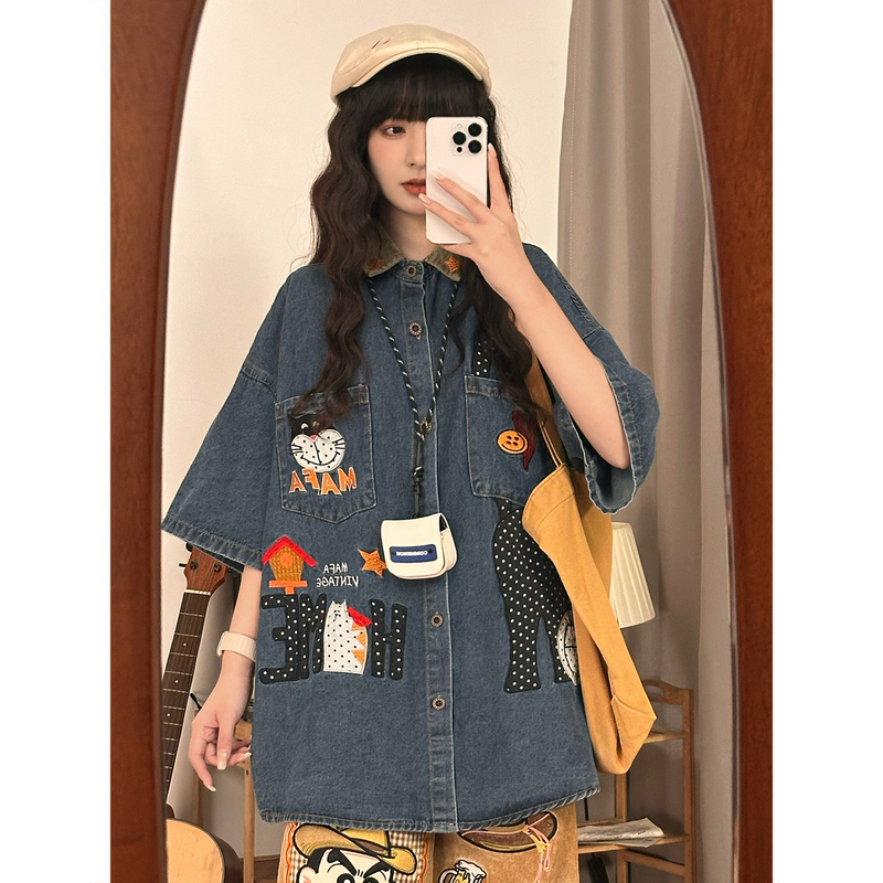 Soldout Original American Retro Cartoon Cat Embroidered Denim Short-Sleeve Shirt for Women, New Loose Top Trend