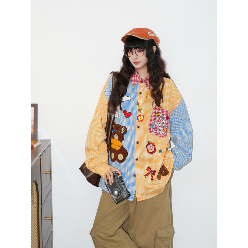 Soldout Original Bear Cartoon Embroidered Plaid Patchwork Color-Block Long-Sleeve Shirt for Women, Loose Casual Shirt for Autumn
