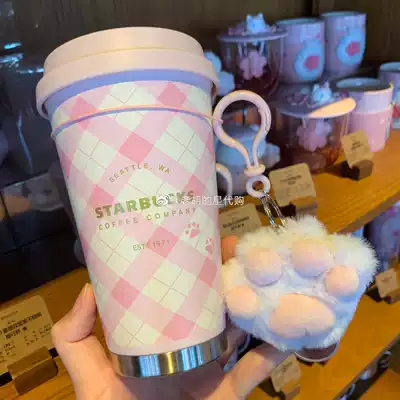 Starbucks cup Pink lattice pattern cat claw cup Red warm Christmas snow dance Stainless steel accompanying cup lid girl