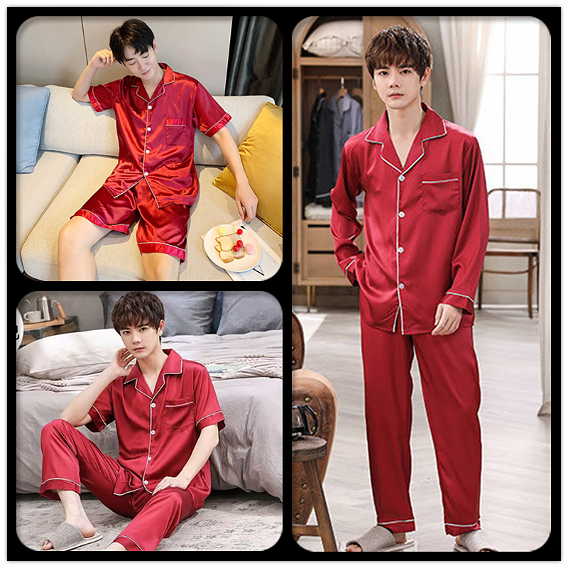 Pajamas Red Ice Silk Long-Sleeved Long Pants Short-Sleeved Spring and Autumn Wedding Men's Zodiac Year Newlywed Festive Summer Home Wear Set