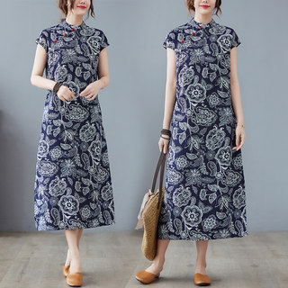 Ramie Cheongsam Dress, Loose and Slimming, Ethnic Style, Improved Long Dress, Plus Size Tea Dress, Zen Linen Dress for Plus-Size Women