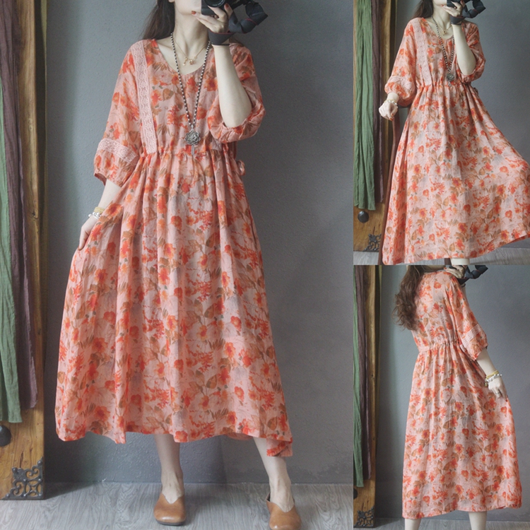 Retro Floral Ramie Dress, New Summer Style That Covers the Flesh and Looks Slimming, Lace Trim, Stylish Waist-Cinching Mid-Length Skirt for Women