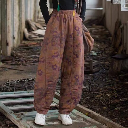 2025 autumn and winter new loose large size cotton and linen quilted bloomers high waist thickened retro printed casual cotton pants for women