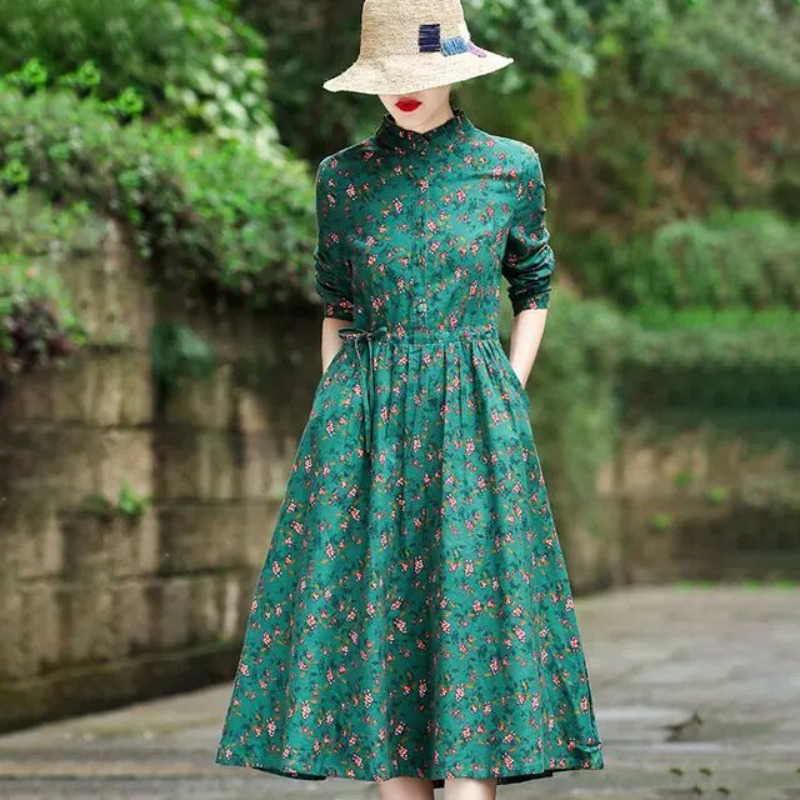 Clearance Sale: Export Surplus Spring/Autumn Plus-Size Linen Lace-Up Waist-Cinching Floral Long-Sleeve Cotton-Linen Dress