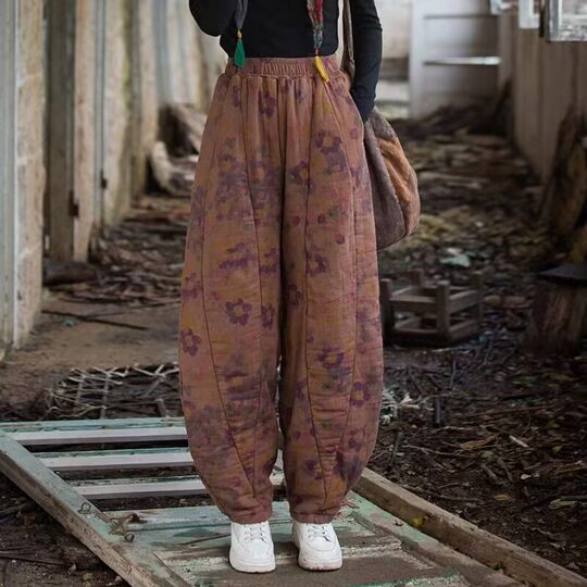 2025 autumn and winter new loose large size cotton and linen quilted bloomers high waist thickened retro printed casual cotton pants for women