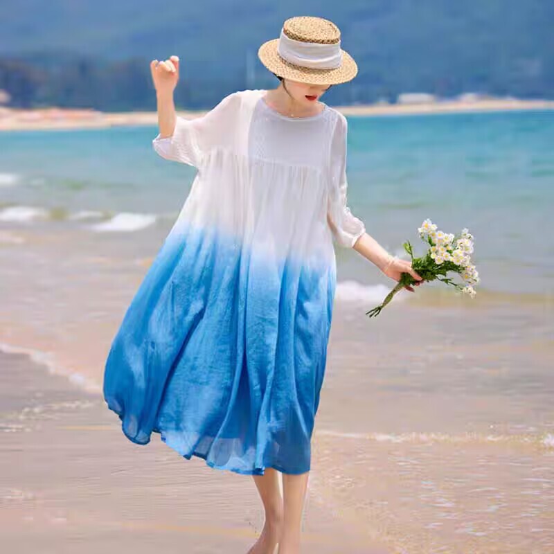 Clearance Sale: Spring and Autumn New Beach Dresses, Ramie Dresses, Gradient Color Vacation Travel Long Dresses