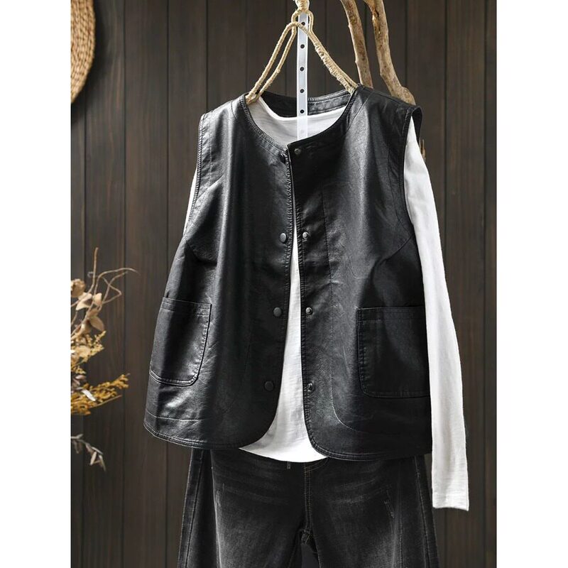 Plus Size Women's Clothing 2026 Spring and Autumn New Loose Fashion Vest Soft Leather Jacket Coat Top Vest Plus Size Women's Clothing 2026 Spring and Autumn New Loose Fashion Vest Soft Leather Jacket Coat Top Vest