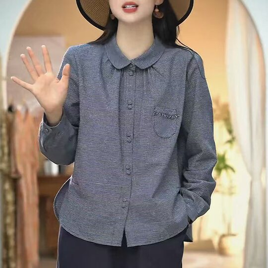 Plus size women's clothing for fat mm 2025 spring and autumn loose and versatile design fashion shirts striped long-sleeved shirt tops