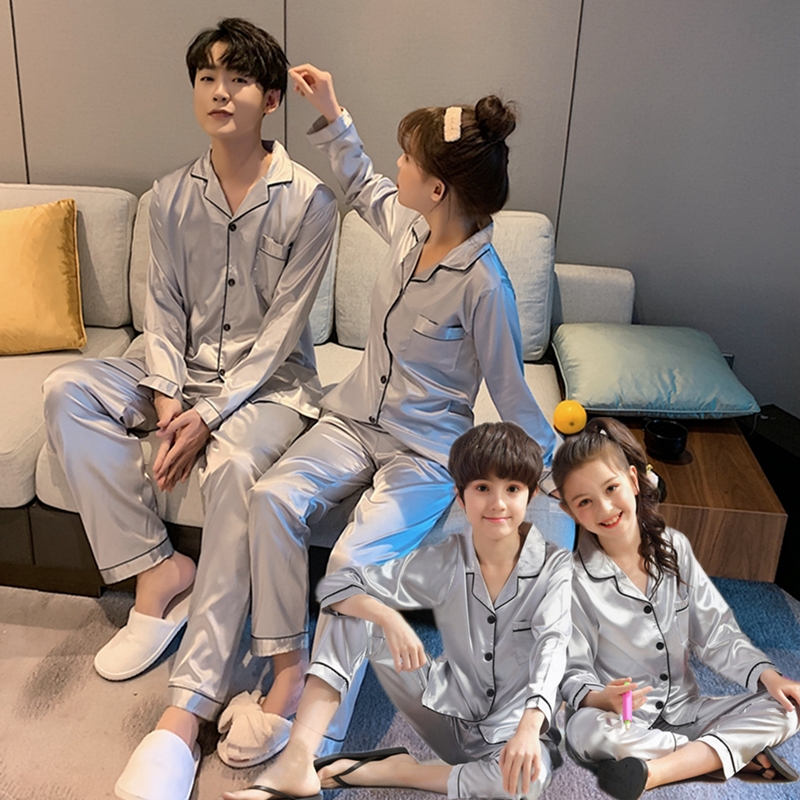 Children's Pajamas for Boys and Girls, Spring and Summer Ice Silk Long-Sleeved Thin Family Home Clothes, Mother-Daughter Silk Couple Set