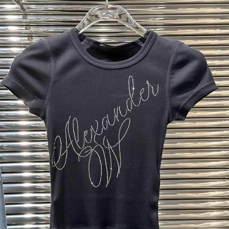 Dawang Rhinestone Letter Slim Fit Short T-Shirt for Women, Round Neck, White Casual Short Sleeve Top, Trendy 2026 Summer New Style